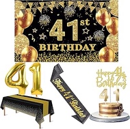 41st Birthday Decorations Men Women with 41st Birthday Banner, Black and Gold Table Cloth, 41 Number