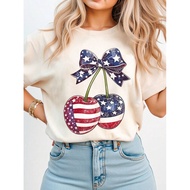 Women's Cherry Print Short Sleeve Round Neck Regular T-Shirt, Summer, Fourth Of July/4th Of July