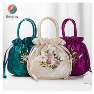 EMERAY Small Handbag Women Murah, Mini Handmade Embroidery Top Handle Ladies Handbag 2024,Dacron Top Handle Embroidered Flower Pattern Drawstring Handbag Bonia Original