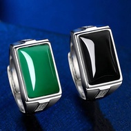 cicin lelaki cincin hitam cicin Diamond Square Green Agate Men's Ruby Ring Retro Emerald Chalcedony 