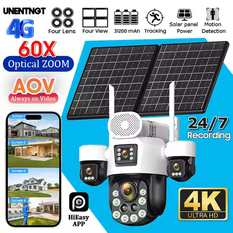 60X Optical Zoom AOV 4G Home Outdoor Surveillance Solar Cameras 20MP 24/7 Record 4 Screen Auto Track