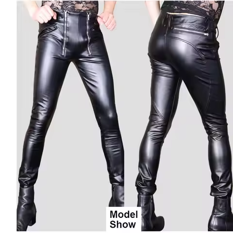 Men New PU Leather Pants Tight Legging Faux Leather Motorcycle Dual Zippers Open Crotch Skinny Bike 