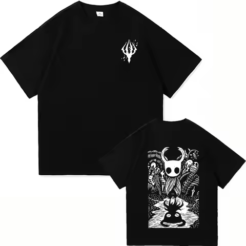 Hollow Knight: Silksong Double-Print Printmaking Style T-Shirt: Black Oversize Base with IP Symbol &