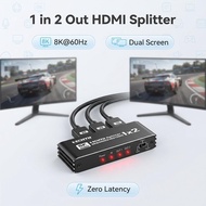 8K60 1 To 2 Splitter 1 IN 2 Out Dual Display 1X2 HDMI Splitter 4K120hz 1080P240hz Video Distributor