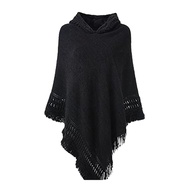 Women Pullover Shawl Hooded Tassel Trim Solid Color Loose Fit Knitting Warm Wrap Autumn Winter Pullo