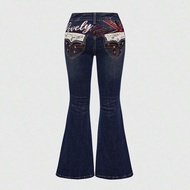 Plus Size Retro Y2K Baddie UK Flag Design Rivet Skinny Flare Jeans