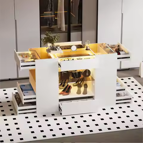 Modern Closet Island with 10 Drawers, LED Wardrobe Armoire Island with Glass Top, Luxury Walk-in Clo