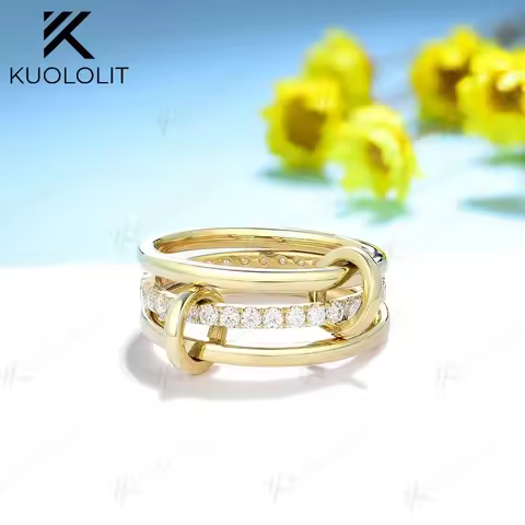 Kuololit Moissanite Band Rings for Women Men Solid 18K 14K 10K 925 Silver Yellow Gold 3 Rings Connec