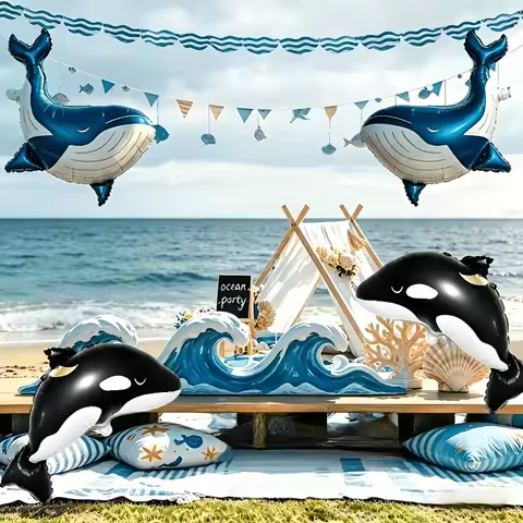 4pcs Ocean Theme Balloons, Large Cartoon Orca, Blue Whale Balloon, Birthday Party Ocean Summer Holid