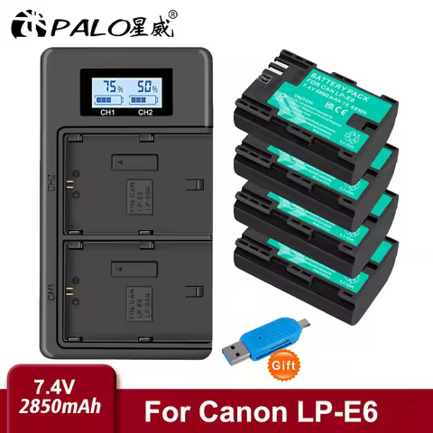 PALO 2850mAh LP E6 LPE6 LP-E6 E6N Battery + LED Dual USB Charger For Canon EOS 5DS R 5D Mark II 5D M