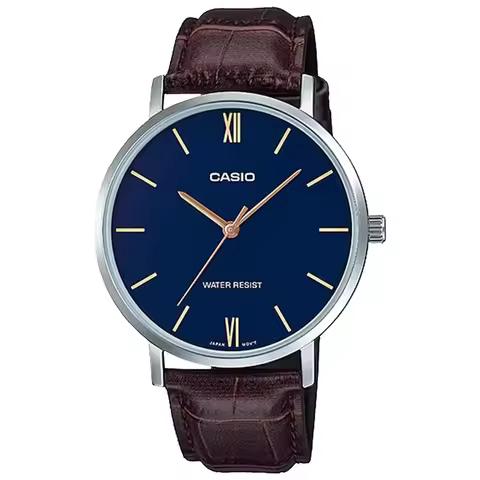 CASIO MTP-VT01L Quartz Watch for Men, Leather Band, Stainless Steel Case, 30M Waterproof, Slim Busin