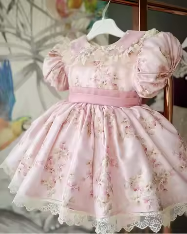 0-12Y Baby Girl Pink Floral Vintage Princess Dress for Holiday Photography B123