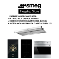 SMEG MDA Bundle Deal Hood, Hob &amp; Oven, 90cm Telescopic + Domino Gas hob (Glass), 1 Gas + Domino - Induction + 60cm Oven