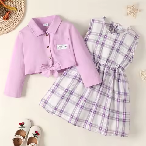 Girls Round Neck Plaid Sleeveless Dress+Long Sleeved Shawl Two-piece1-6 Year-old Girls Fashion Set G