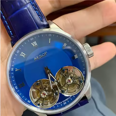 Aesop Mens Casual Stainless Steel Skeleton Double Tourbillon Automatic Self-Wind Wristwatch Mechanic