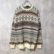 古著 BRITCHES 長袖針織毛衣，帶有復古費爾島印花、圓領和白色細節。