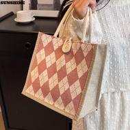 SUNSHINE Lunch Bags, Large-capacity With Button Rhombus Canvas Handbag, Simple Linen Fabric Reusable