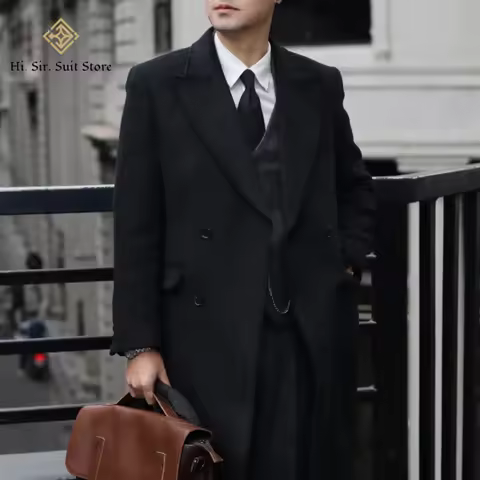 British Vintage Chesterfield Mens Suit Mid-Length Slim-Fit Coat Peaky Blinders Double-Breasted Wool 