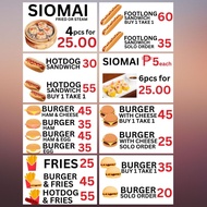 Burger Hotdog Ham and Cheese Siomai Footlong Laminated Signage and Waterproof Vinyl Sticker A4 Size