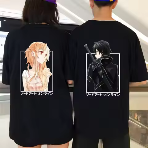 Anime Sword Art Online T-Shirt Kirito and Asun Couple Shirt Casual Loose Man Woman Cotton Streetwear