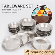 CLS 16pcs/12pcs Tableware 4 person Family Portable Stainless Steel Dish Set for Outdoor Camping Stor