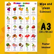 102 poster nama nama buah (3 bahasa) - Poster Edukasi Anak - Poster belajar anak - Poster wipe and c