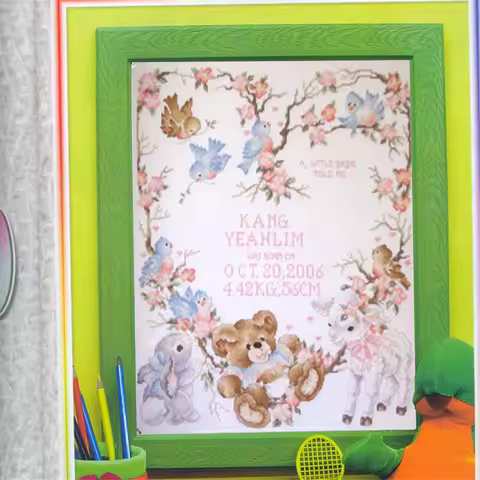 A Little Bird Told Me Cross Stitch Birth Certification Cotton Fabric Needlework Embroidery Crafts Co