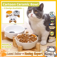 Kucingjer Malaysia Seramik Kucing Makanan Kartun Kucing Kelabu dengan Rak Bambu Makanan Makanan Mangkuk Makanan Haiwan Peliharaan