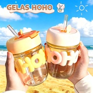 HOHO Themed Coffee Cup - 350ml Glass Tumbler with Silicone Straw