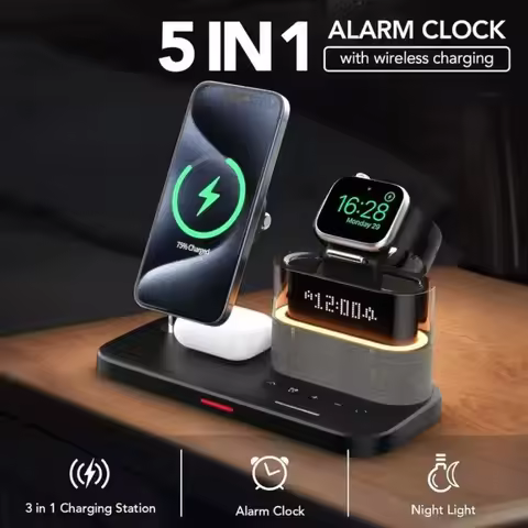 5 in 1 Multifunctional Magnetic Wireless Charger Stand RGB LED Night Light Alarm Clock For iPhone Sa