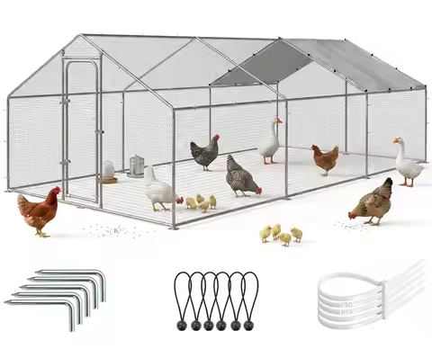 20x10 FT Metal Chicken Coop Walk-in Run Poultry Pen Waterproof UV Cover Outdoor Cage Hens Rabbits Ba