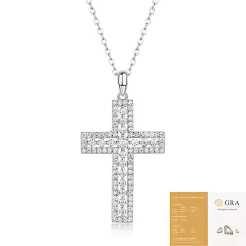 LUNYIZUAN Moissanite Cross Pendant Necklace Original S925 Sterling Sliver Plated 18k White Gold Jesu