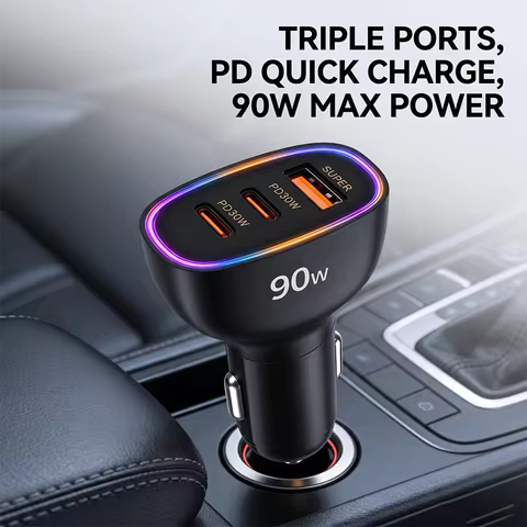 90W Multiport Car Charger Adapter Dual Type C PD 30W & Single USB A Port with LED Indicator Safe Cha
