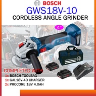 BOSCH GWS18V-10 CORDLESS ANGLE GRINDER  BRUSHLESS MOTOR C/W TOOL BAG + 2x 4.0AH 18V PROCORE BATTERY+