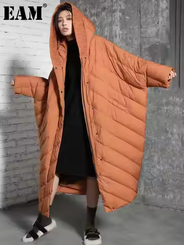 EAM Caramel Big Size Bat-shaped Thick Down Jacket New Hooded Long Sleeve Warm Women Parkas Fashion A