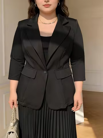 Plus Size Women's Blazer Lapel 3/4 Sleeve 1 Button Solid Tailored Blazer Blazer Spring Summer Formal