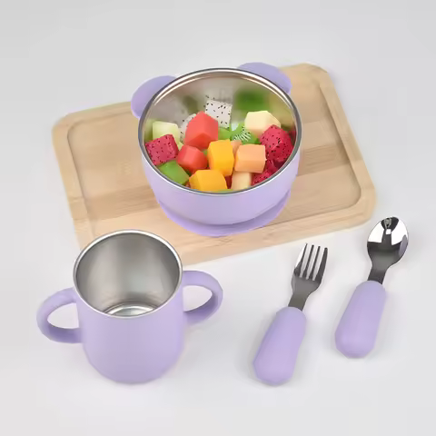 4-Piece Baby Toddler Feeding Set - Silicone Suction Bowl & Cup with Stainless Steel Liner, Baby Fork