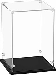 Gemutlich Acrylic Display Case 8x8x12 inch - 3mm Thick Acrylic Display Box with Black Wooden Base, Assemble Dustproof Showcase Clear Display Case for Collectibles Figures Lego Helmet Doll Toys Models