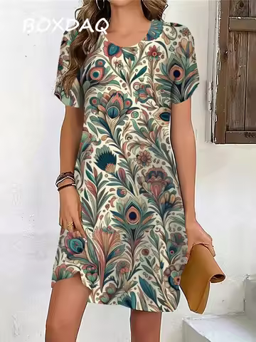 3D Vintage Women Flowers Printed Dresses Summer Plus Size Short Sleeve O-Neck Casual A-Line Mini Dre