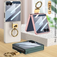 For Samsung Galaxy Z Flip 7 case Flip7 cover Integrated tempered film Ring plain leather protective