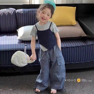 90-140cm Summer Outfit Baby Girl Baju Kanak-Kanak Perempuan Korean Short Sleeve T Shirt Long Pants T
