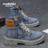 Gu's Martin Boots Men's Motorcycle Shoes High-Top Cowboy Blue High-Value Denim Original Niche Trendy