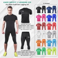 2IN1 SUIT PACKAGE DRYFIT SHORT SLEEVE T-SHIRT LEGGING PANTS 3/4 RUNNING TENNIS SPORTS MEN WOMEN