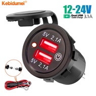 Kebidumei 12V 24V Dual USB 4.2A Fast Quick Charge Car Charger with Touch Switch LED Light Cable