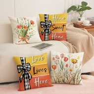 Linen Pillow Case 40x40/45x45/50x50cm Yellow Orange Flowers "Sweet Home" Pattern Cushion Cover Home 
