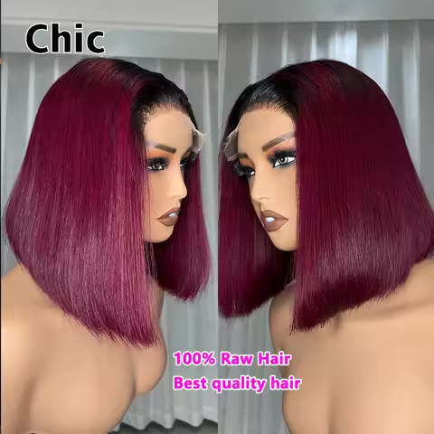 200 Grams SDD Straight Short Bob Wig T1B/99J Ombre Colored Real HD Lace Wig 100% Raw Human Hair 250%