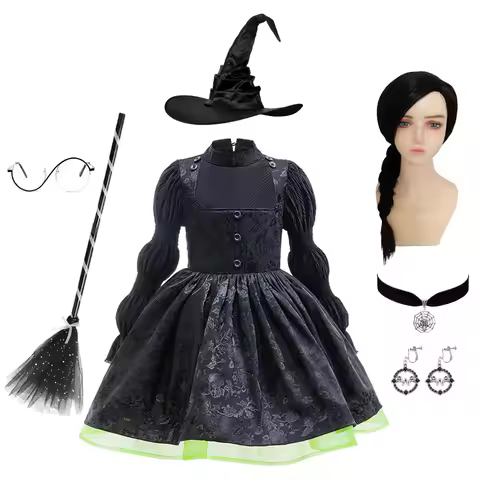 Girls Halloween Elphaba Wicked Witch Black Dress Children Black Lace Fluffy Gown Carnival Wicked Cos