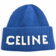 Mint condition △ CELINE AA0H92I93 Wool Cashmere Logo Rib Knit Cap Beanie Knit Hat Blue White Made in