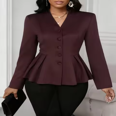 Elegant lady's spring and autumn deep wine red V-neck, cinched waist, ruffled edge suit jacket, sing