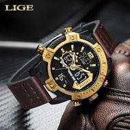 LIGE หรูหรากีฬานาฬิกาผู้ชายนาฬิกากันน้ำทหารดิจิตอลปลุกโครโนกราฟนาฬิกาควอตซ์นาลิกาข้อมือ + กล่อง